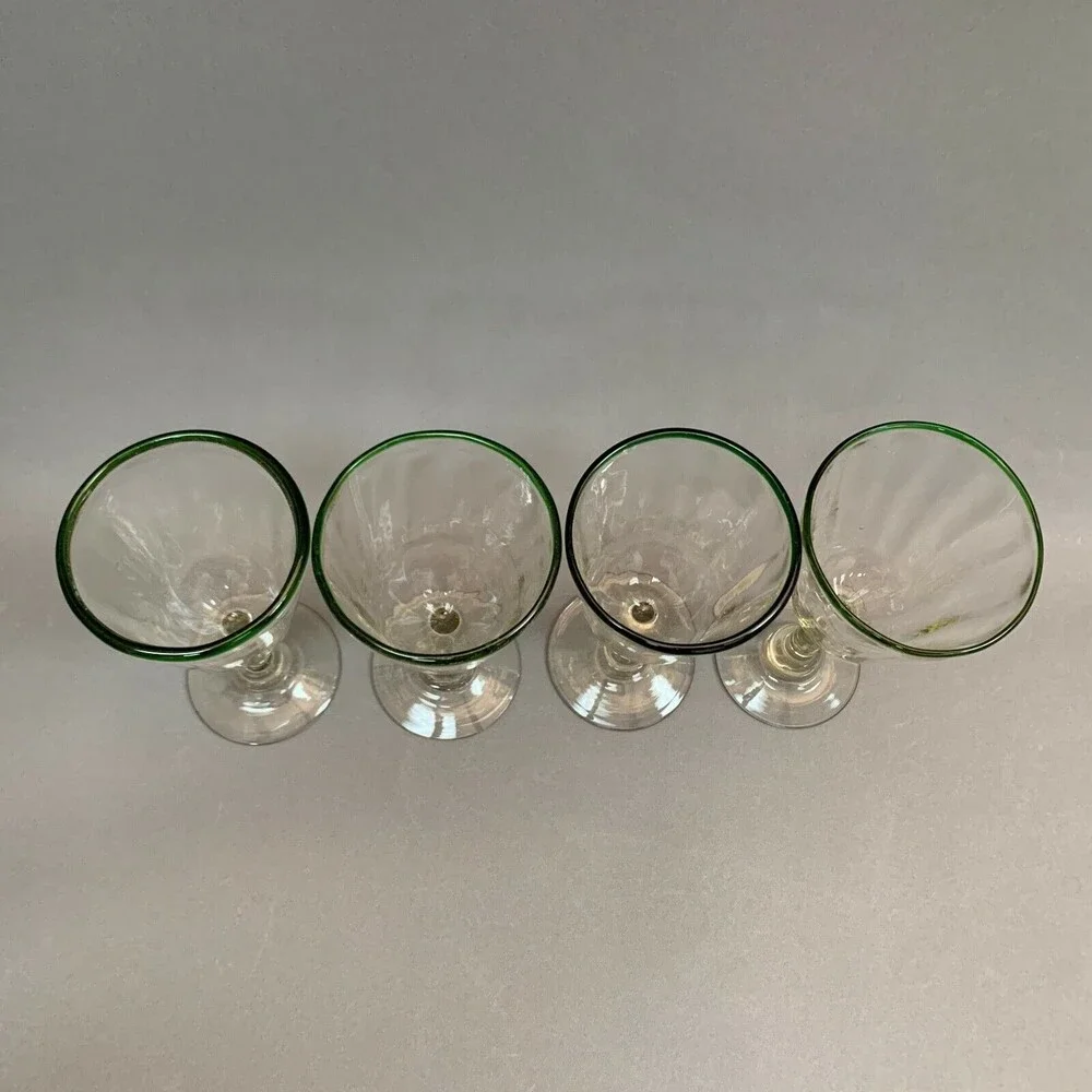 Clear Glass Green Trim Blown‎ Glasses Mexico? Lot of 4